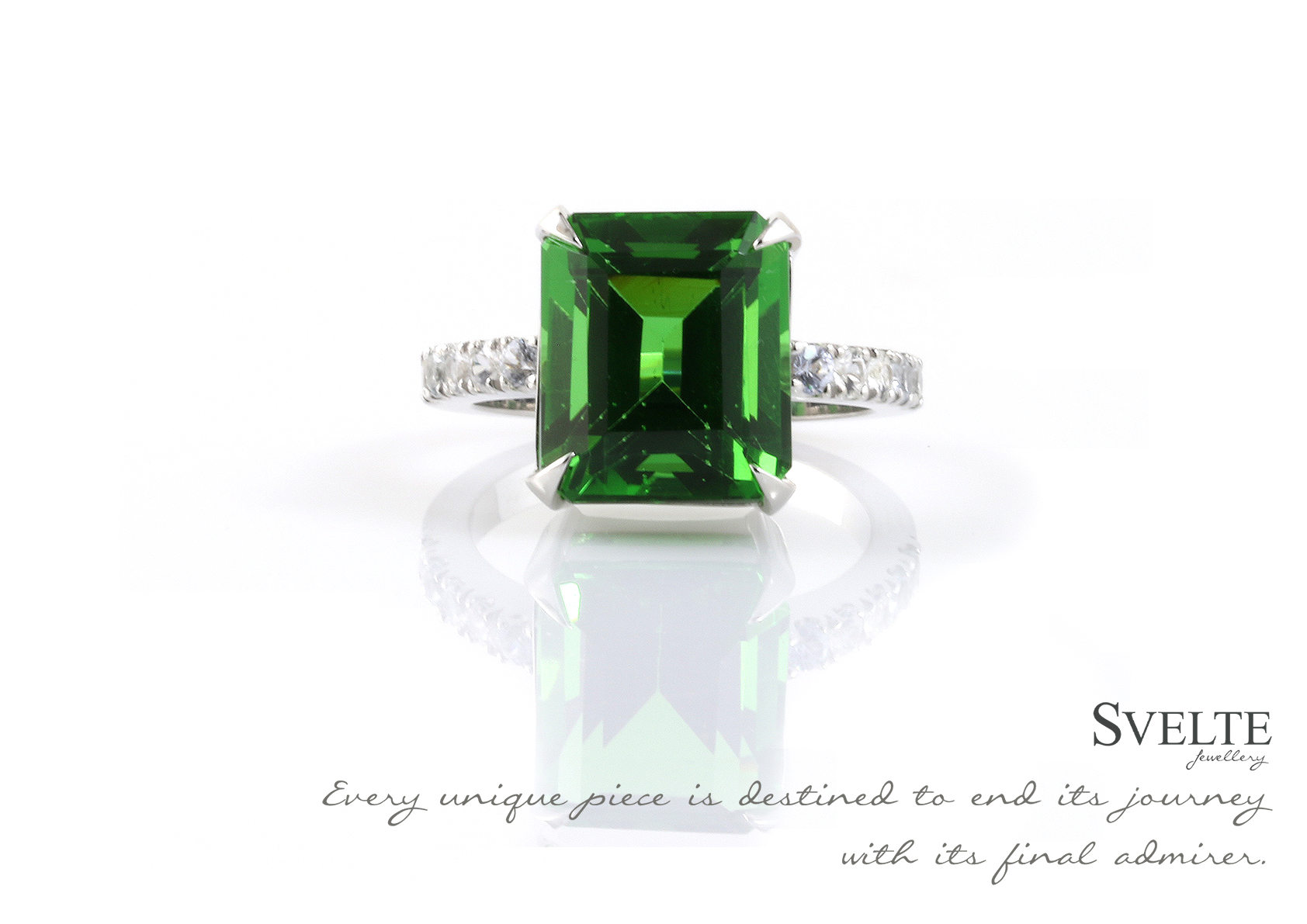 White Sapphire and Moldavite (natural green glass) Ring